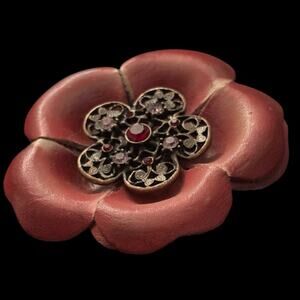 Vintage Burgundy Red Leather & Rhinestone Studded Metal Filigree Flower Brooch
